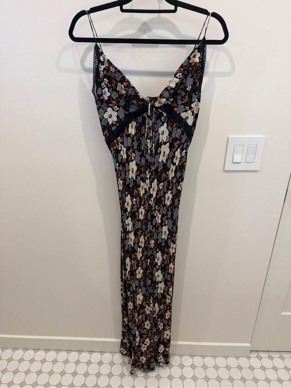 Free People Black Floral Maxi Slip Dress with Brown and Cream Accents